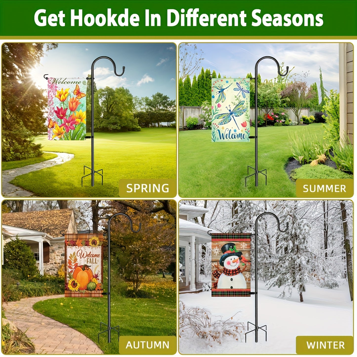 48" Heavy-Duty Adjustable Garden Flag Stand with 5-Prong Base, Metal Shepherd's Hook for Hanging Flags, Bird Feeders & Outdoor Decor - No Electricity Needed, Black, Garden Flags for Outside