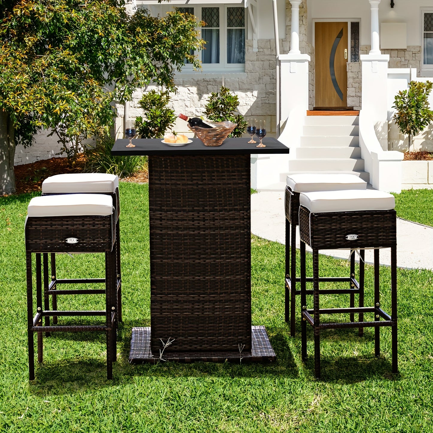 5pcs Rattan Patio Bar Set with Hidden Storage - Includes Table, 4 Stools & Waterproof Cushions - Weather-Resistant PE Wicker for Outdoor Gatherings, Shelf