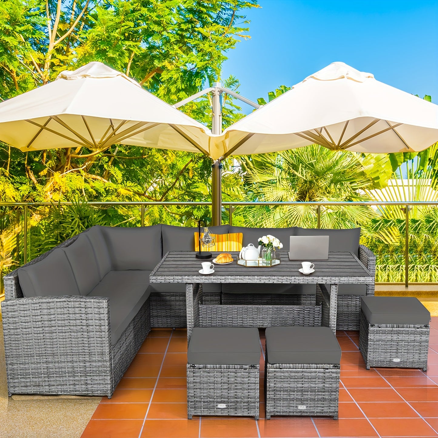7pcs Patio Rattan Dining Set, Sectional Sofa Couch Ottoman For Garden Gray