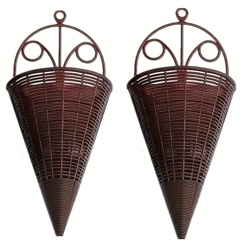 16pcs Rattan-Style Woven Wall Hanging Planters - Lightweight Plastic Cone-Shaped Flower Baskets with Decorative Metal Rings, Indoor/Outdoor Wall-Mounted Vases for Balcony, Garden & Patio Decor