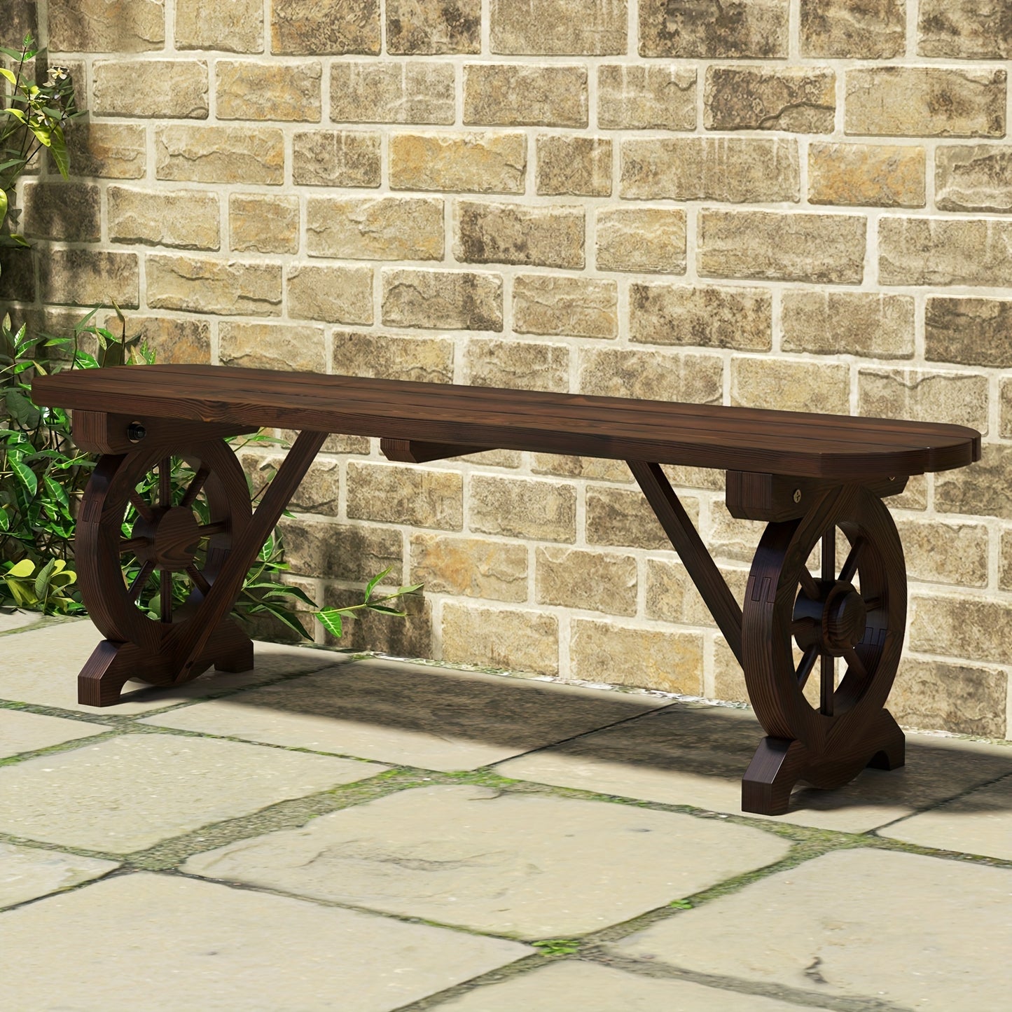 Patio Wood Bench, Outdoor Rustic Wagon Wheel Bench, 2-Person Wooden Outdoor Bench For Patio, Garden, Porch, Park, 710 Lbs Weight Capacity, Brown