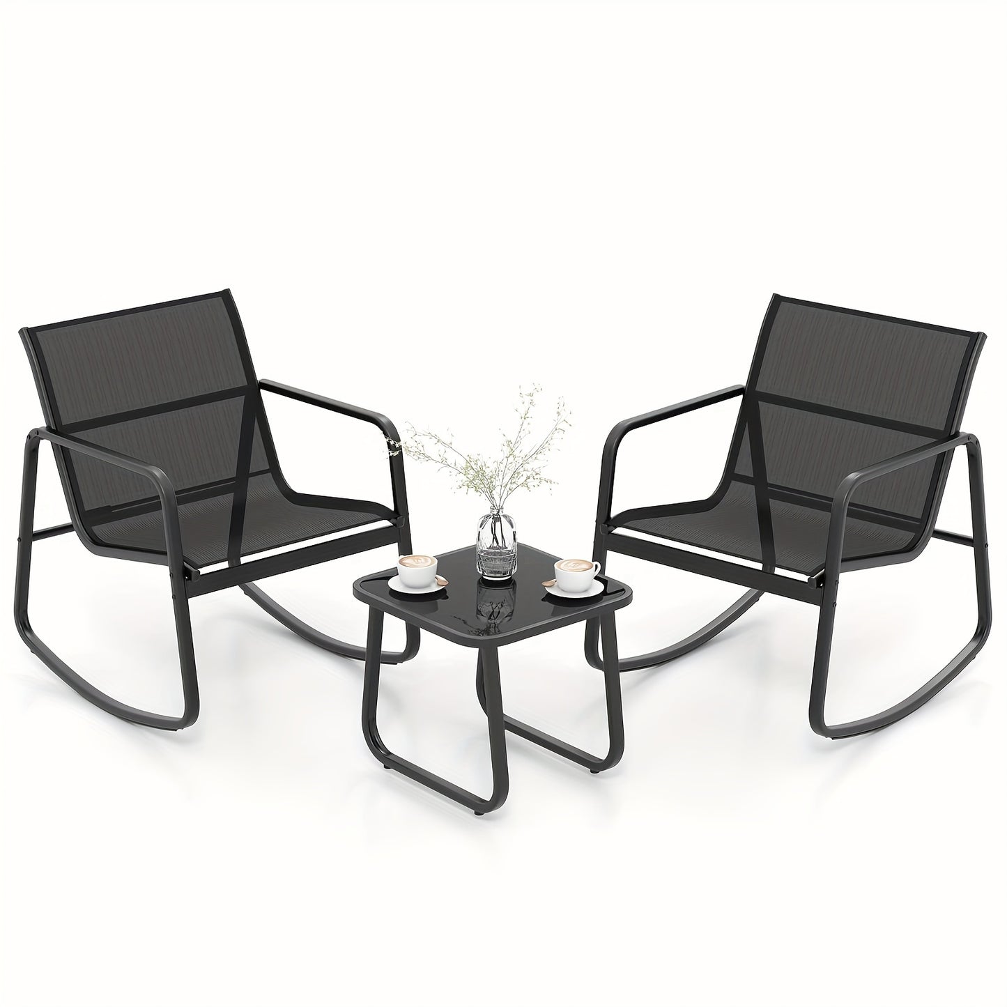 3pcs/set COSTWAY Patio Rocking Chairs Set - 2 Rocking Bistro Chairs & Glass-Top Table For Porch