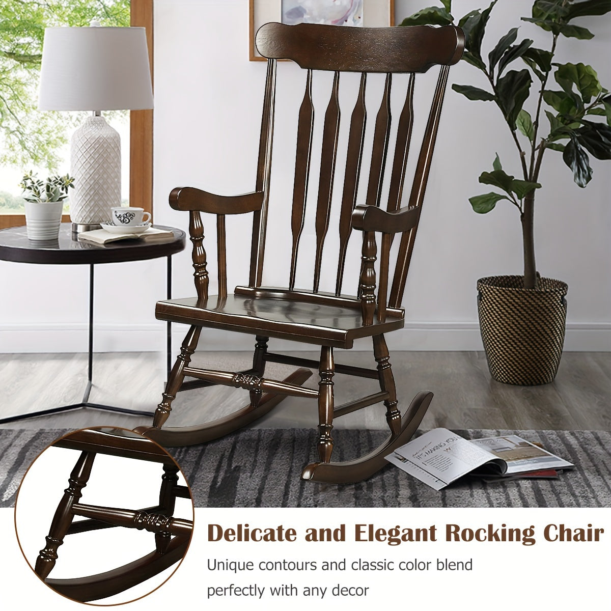 1pc Traditional Solid Wood Rocking Chair, Porch Rocker With Glossy Coffee Finish, Indoor/Outdoor Comfortable Seating, 300 Lbs Weight Capacity, 46.5" Height