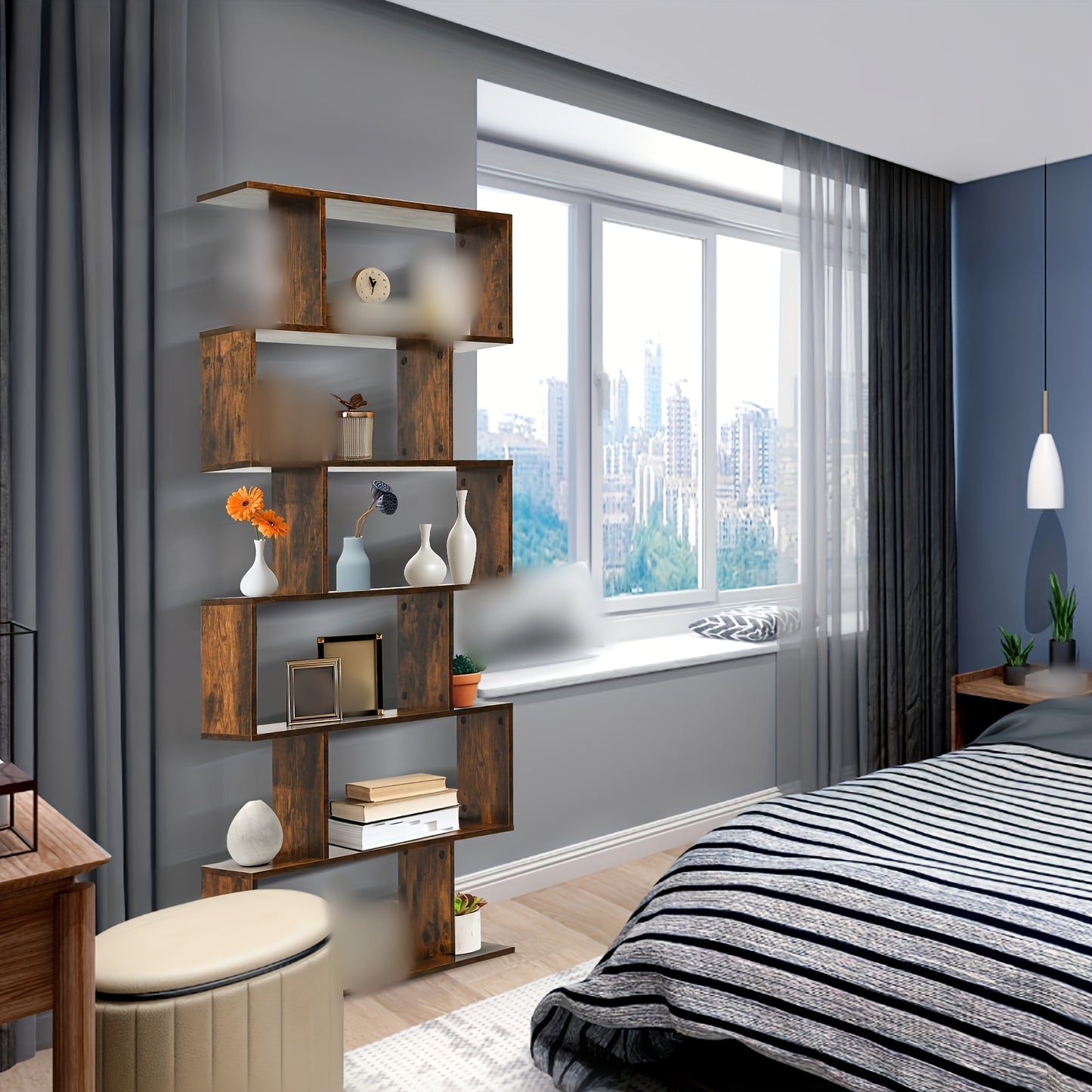 6-Tier S-Shaped Bookshelf - Modern Hardwood Display Shelving Unit with Anti-Tip Design, 75" Height, 44 lbs Weight Capacity, Perfect for Living Room, Study, or Bedroom Decor, Bookshelf Decorations