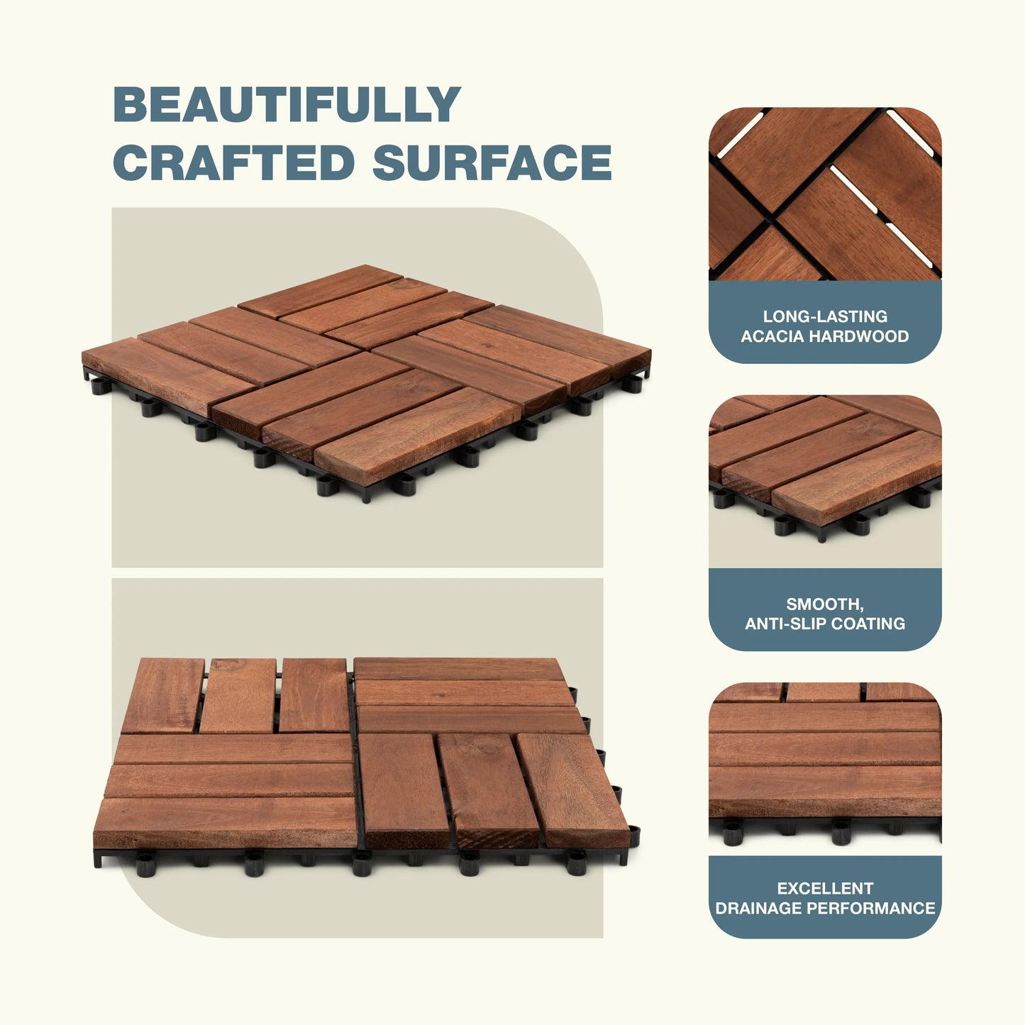 12Slats, Acacia Interlocking Deck Tiles, Brown
