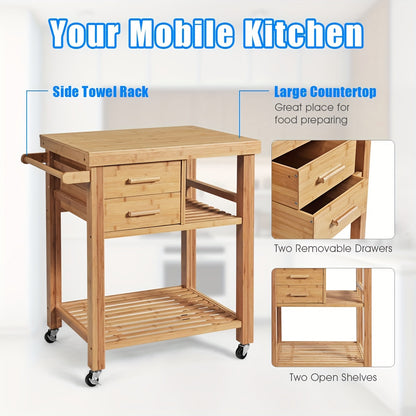 Bamboo Rolling Kitchen Trolley Cart With Towel Rack And Drawers, Classic Style, Portable Wood Island On Wheels, Versatile Storage For Home And Dining