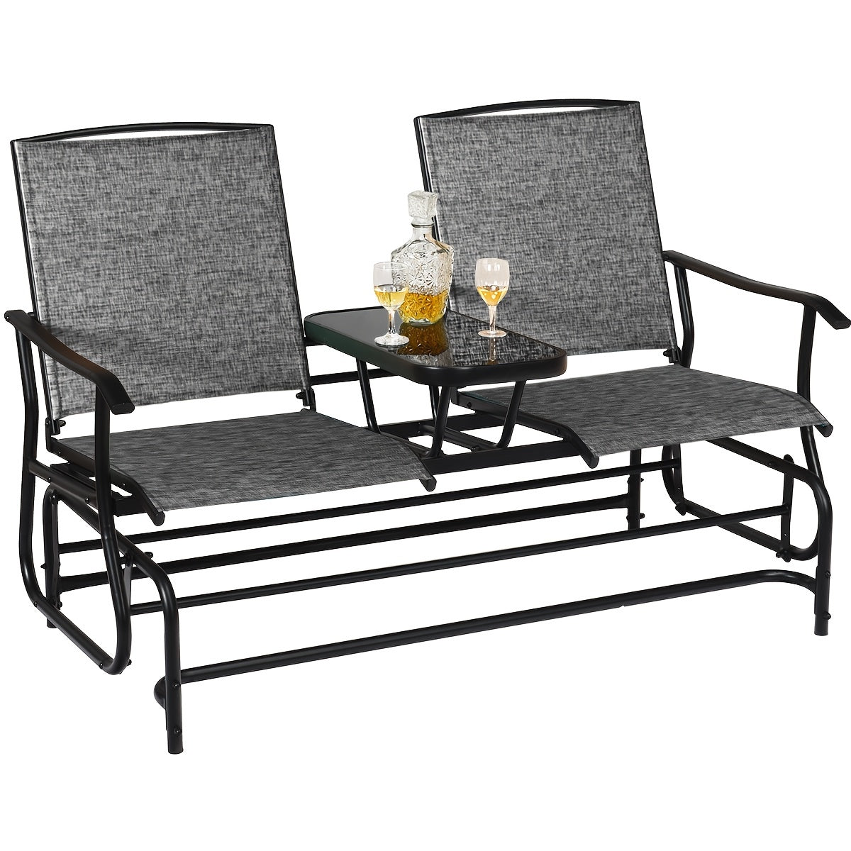 Patio Bench Glider Chair With Metal Frame, Center Tempered Glass Table, Outside Double Rocking Swing Loveseat For Porch, Garden, Poolside, Balcony, Lawn Rocker Outdoor Glider Bench (Gray)