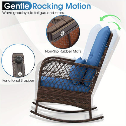 3pcs Patio Rocker Set, Outdoor Wicker Rocking Chairs w/ Double-Layer Coffee Table, Rattan Rocker Chair Set w/ Seat Back Cushions & Pillows, for Porch, Backyard, Poolside.