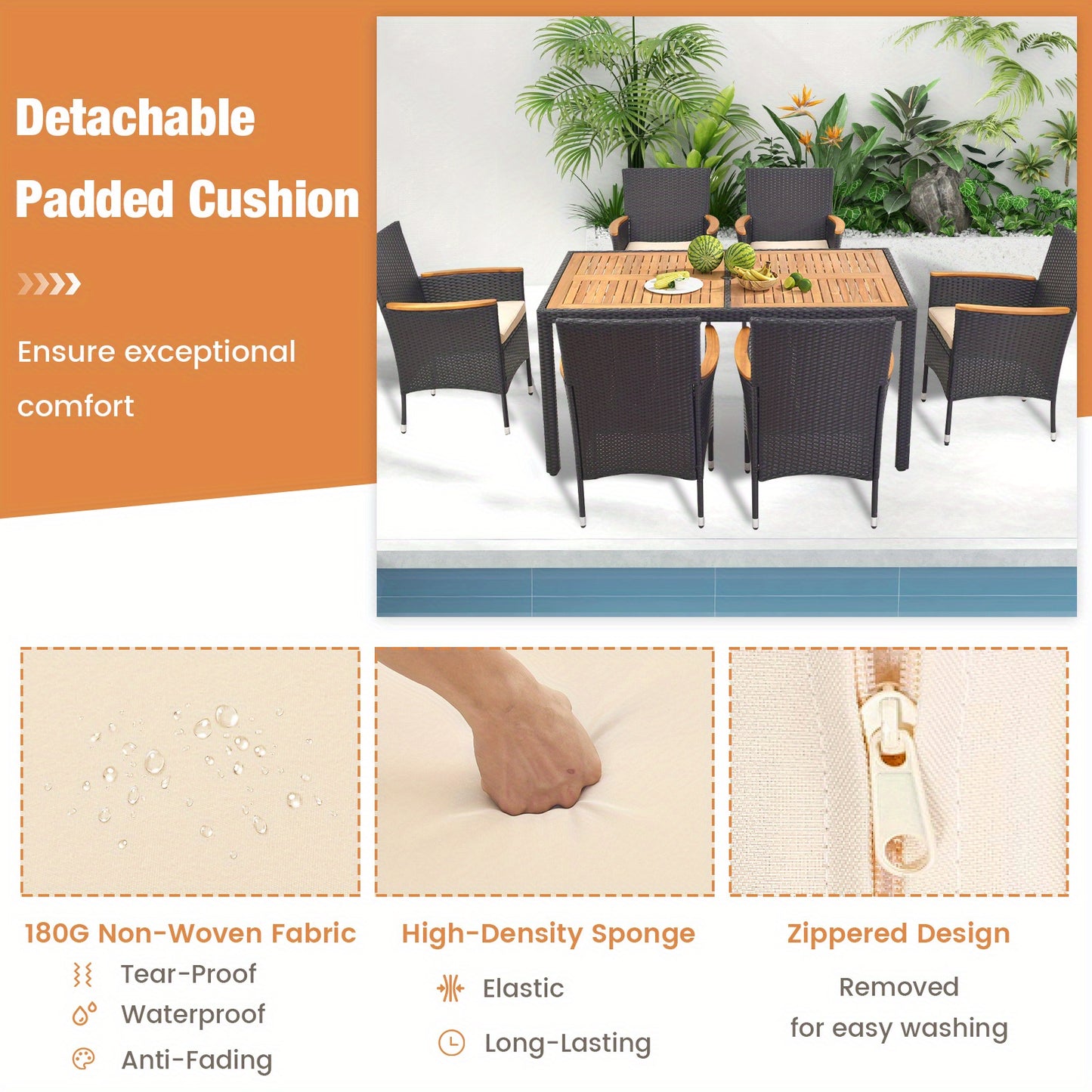 7pcs Outdoor Dining Set for 6 W/ Umbrella Hole Acacia Wood Tabletop Poolside