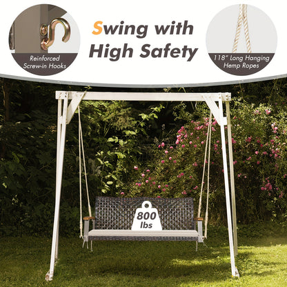 2-Person Patio Rattan Hanging Swing Chair Porch Loveseat Cushion White