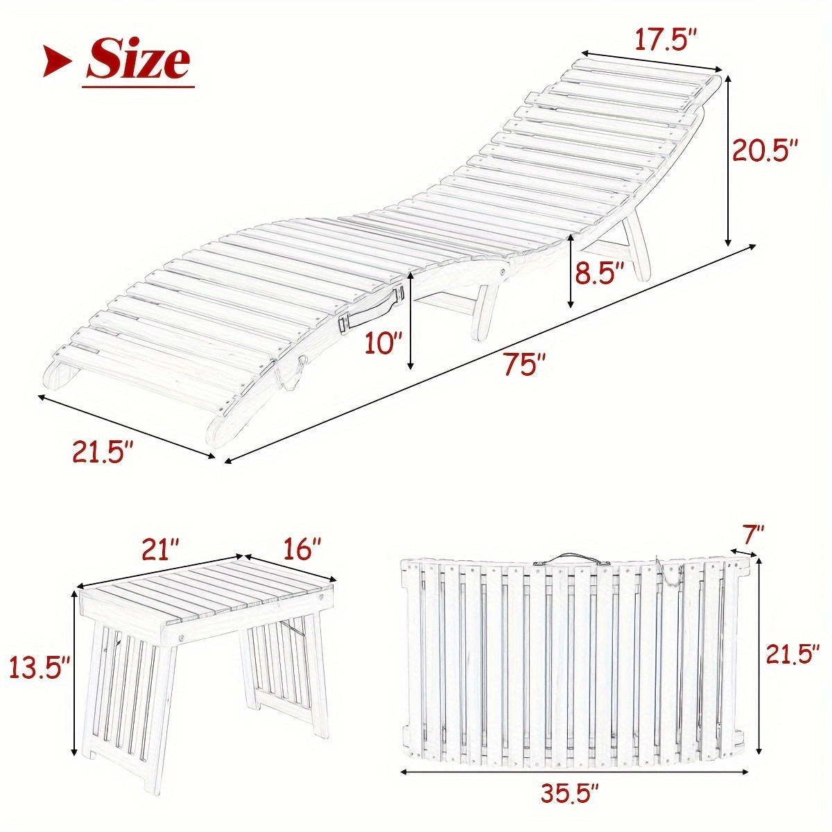 3pcs Wooden Folding Patio Lounge Chair Table Set, Red/White Cushion Pad Pool Deck