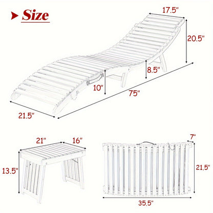 3pcs Wooden Folding Patio Lounge Chair Table Set, Red/White Cushion Pad Pool Deck