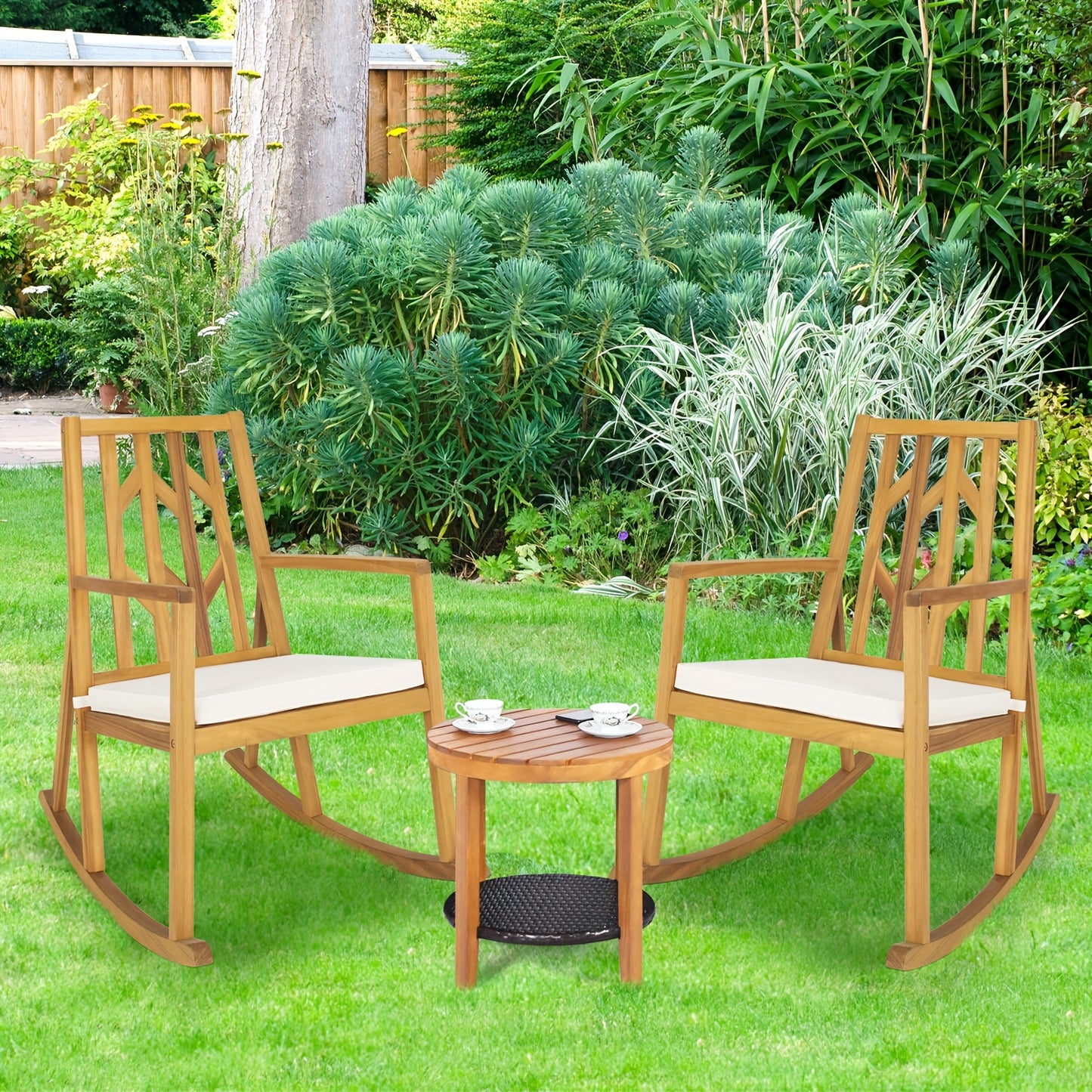 Elegant Acacia Wood Patio Rocking Chair with Cozy White Cushioned Seat, Armrests, and High Backrest - Sturdy, Safe Design for Garden or Deck Use, Outdoor Patio Furniture