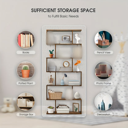 6-Tier S-Shaped Bookshelf - Modern Hardwood Display Shelving Unit with Anti-Tip Design, 75" Height, 44 lbs Weight Capacity, Perfect for Living Room, Study, or Bedroom Decor, Bookshelf Decorations