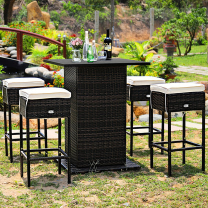 5pcs Rattan Patio Bar Set with Hidden Storage - Includes Table, 4 Stools & Waterproof Cushions - Weather-Resistant PE Wicker for Outdoor Gatherings, Shelf