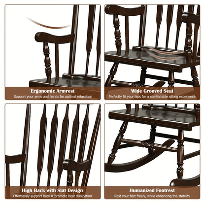 1pc Traditional Solid Wood Rocking Chair, Porch Rocker With Glossy Coffee Finish, Indoor/Outdoor Comfortable Seating, 300 Lbs Weight Capacity, 46.5" Height