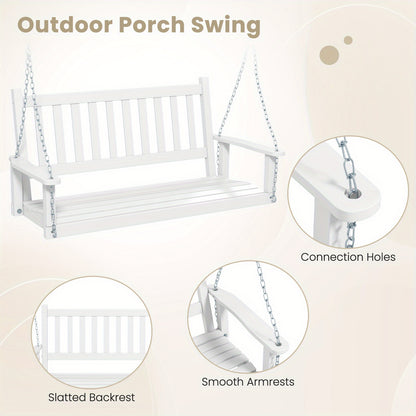 [Heavy Duty Porch Swing] 3-Person Heavy Duty White Wooden Porch Swing - Adjustable Height, Solid Poplar Wood, Galvanized Metal Chains, Slatted Backrest & Curved Seat - Ideal for Patio, Garden, Backyard