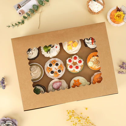 24/48/96pcs Brown Cupcake Containers - Kraft Bakery Carrier Boxes with Windows, Holds 12pcs Cupcakes, 13x10x3.5in, Includes Cardboard Inserts, Perfect for Christmas Gift Boxes, Muffins And Pastries