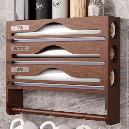 3-Section Bamboo Wrap Dispenser - Kitchen Organizer with Paper Towel Holder, Cutter, and Storage Rack for Foil, Plastic Wrap, Wax, and Accessories - High-Quality, Hand Wash Only, Multi-Purpose Use, Kitchen Storage Solution | Sleek Bamboo Design |