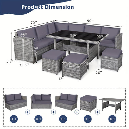7pcs Patio Rattan Dining Set, Sectional Sofa Couch Ottoman For Garden Gray