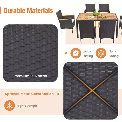 7pcs Outdoor Dining Set for 6 W/ Umbrella Hole Acacia Wood Tabletop Poolside