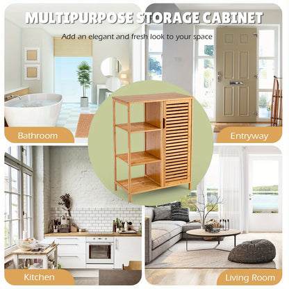 Bathroom Cabinet Bamboo Storage Floor Cabinet w/ Single Door & 3 Open Shelves