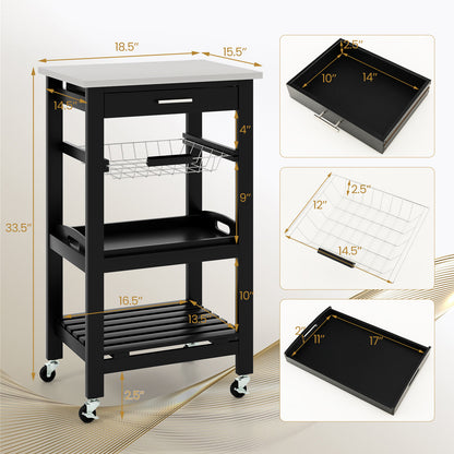 Kitchen Island on Wheels, Rolling Kitchen Cart with Stainless Steel Countertop, Slide-out Metal Wire Basket, Serving Tray, Lockable Casters, Utility Storage Trolley for Kitchen, Dining Room
