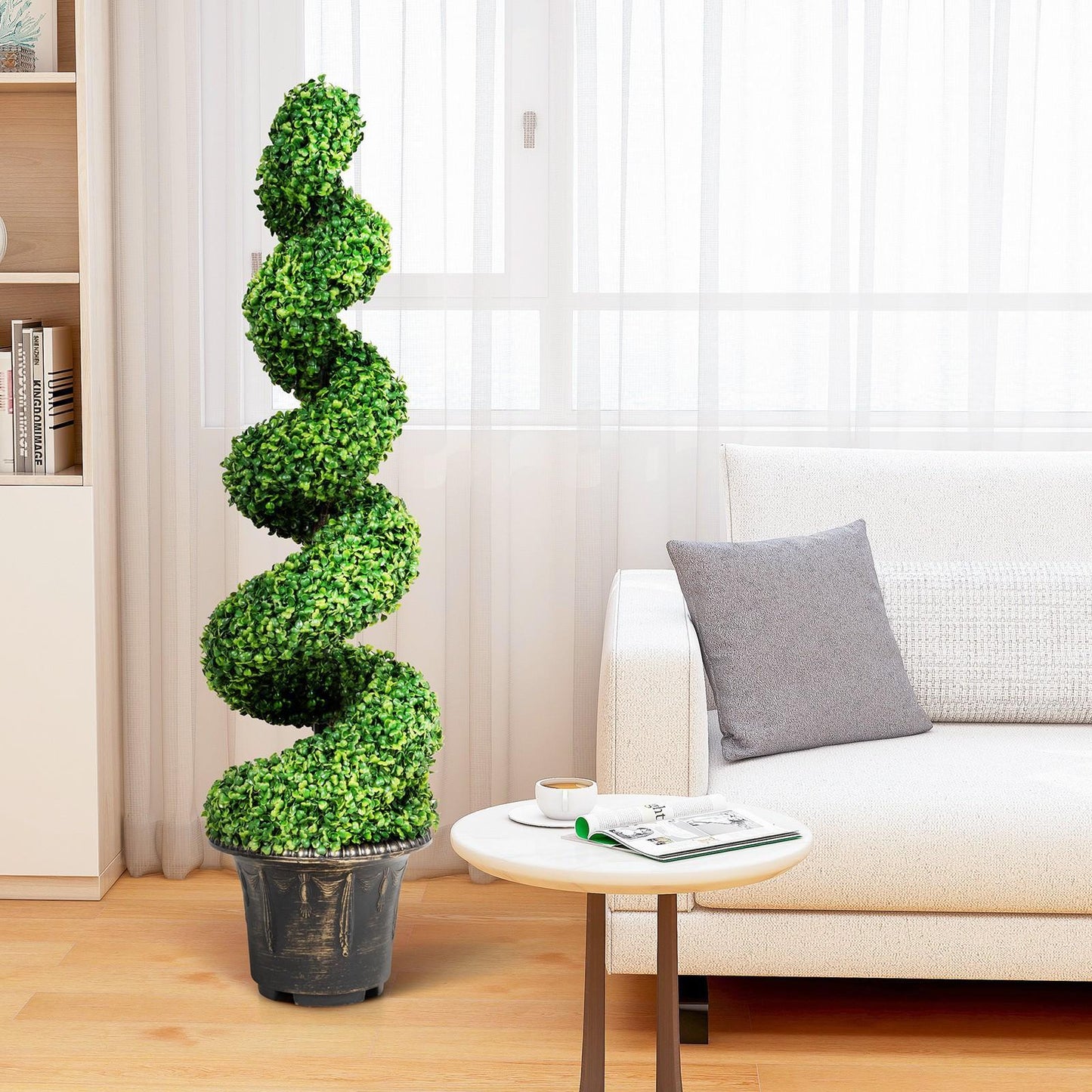 [Artificial Boxwood] Artificial Boxwood Spiral Topiary Tree | Fake Plant Decor | Plastic Pot | Realistic Leaves & Twined Branches | Sturdy Steel Frame | Faux Potted Plants | Home, Office, Front Porch