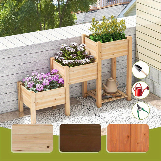 3-Tier Raised Wooden Garden Bed with Drainage System & Open Storage Shelf - Natural Fir Wood Planter Boxes for Flowers, Vegetables, and Herbs - Spacious Outdoor Gardening Solution for Easy Plant Care