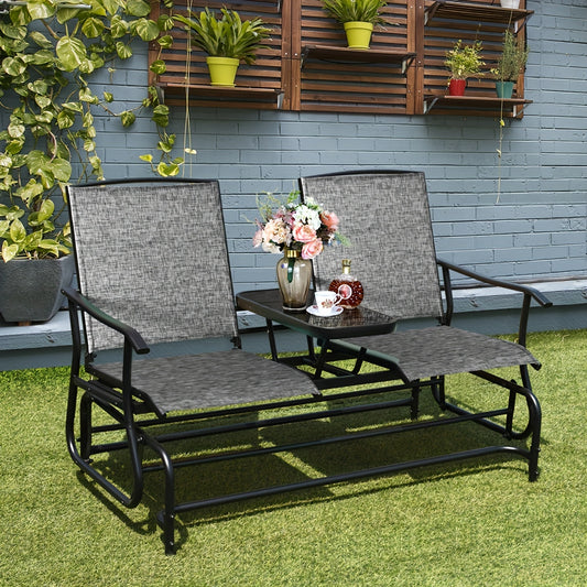 Patio Bench Glider Chair With Metal Frame, Center Tempered Glass Table, Outside Double Rocking Swing Loveseat For Porch, Garden, Poolside, Balcony, Lawn Rocker Outdoor Glider Bench (Gray)