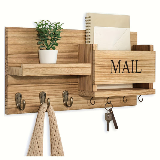 Rustic Solid Wood Wall-Mounted Organizer Shelf - Key Rack with Mail Slot & Multi-Hook Design, Floating Entryway Storage for Home Office, Recycled Wood Decorative Shelf for Keys, Letters, Small Essentials