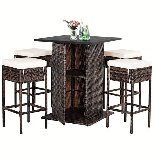 5pcs Rattan Patio Bar Set with Hidden Storage - Includes Table, 4 Stools & Waterproof Cushions - Weather-Resistant PE Wicker for Outdoor Gatherings, Shelf