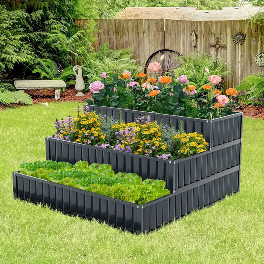 3-Tier Raised Garden Bed, 47" x 47" x 24" Heavy-Duty Metal Outdoor Planter Box w/ Open-ended Base, Elevated Planter Box for Vegetable Fruit Flower Herb, Patio Garden Backyard Raised Bed Kit
