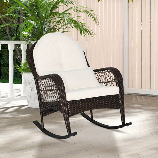 Patio Wicker Rocking Chair W/Seat Back Cushions & Lumbar Pillow Porch Off White