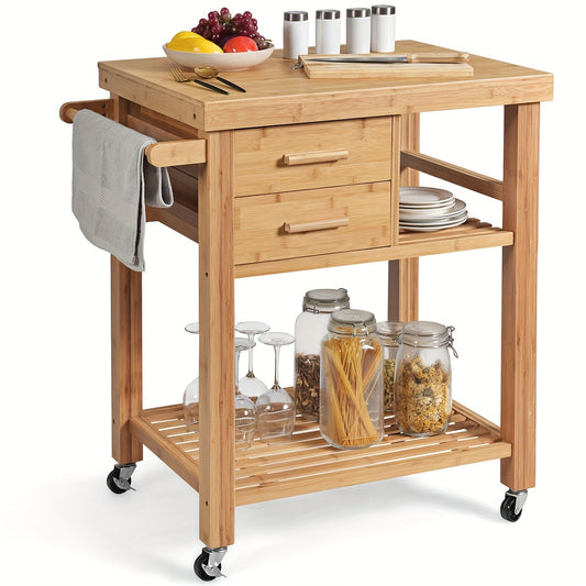 Bamboo Rolling Kitchen Trolley Cart With Towel Rack And Drawers, Classic Style, Portable Wood Island On Wheels, Versatile Storage For Home And Dining