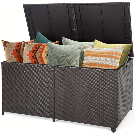 Patio 175 Gallon Rattan Wicker Storage Deck Box Container Wheels W/Liner Garden