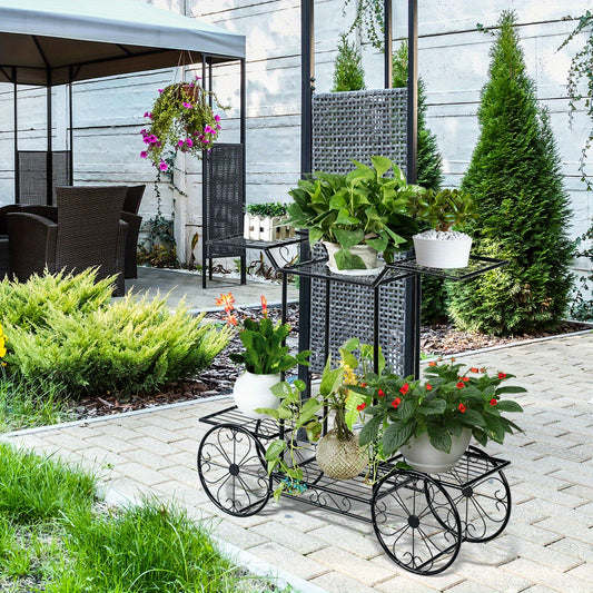 Metal Garden Cart Stand, Flower Rack Display Decor Flower Pot Plant Holder, 6 Tiers Flower Pot Display Rack Perfect for Home, Garden, Patio, Heavy Duty Freestanding Outdoor/Indoor Garden Shelf Black