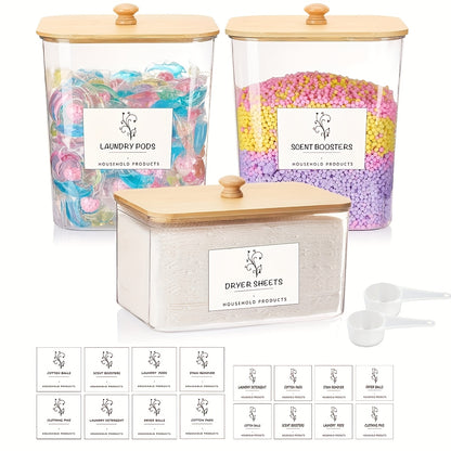 3 Pack Clear Laundry Storage Containers - Organization Set With Lids, Labels For Detergent, Dryer Sheets | Home Organization Bins, Canisters