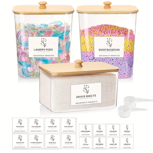 3 Pack Clear Laundry Storage Containers - Organization Set With Lids, Labels For Detergent, Dryer Sheets | Home Organization Bins, Canisters