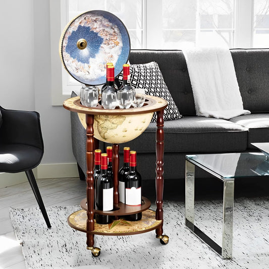 Wine Bar Cabinet, Italian Replica Bar Cart with Wheels and Liquor Bottle Shelf, Solid Wood Wine Bar Stand for Home, Kitchen, Bar, Pub (Cream White)