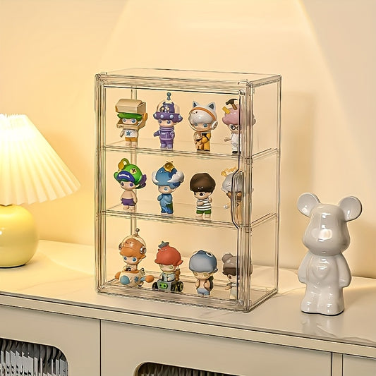 Clear Acrylic Display Case for Collectibles - Dustproof Organizer with Shelves, Stackable Transparent Storage for Action Figures, Toys, and Miniatures, Modern Window View Design for Home or Office