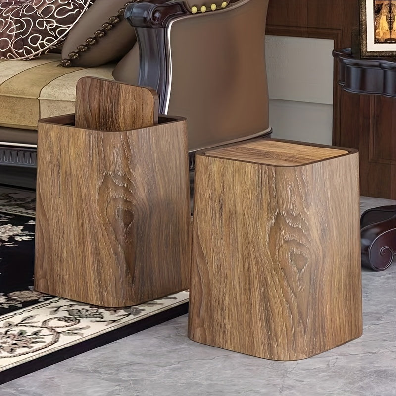 Extra-Large Vintage Wood Grain Trash Can - Odor-Blocking, Rectangular Plastic Waste Bin with Natural Wood Lid for Kitchen, Bathroom, Living Room & Hotels, Kitchen