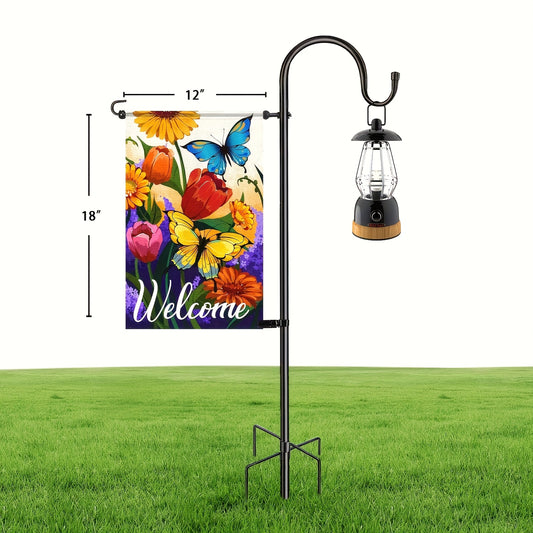 48" Heavy-Duty Adjustable Garden Flag Stand with 5-Prong Base, Metal Shepherd's Hook for Hanging Flags, Bird Feeders & Outdoor Decor - No Electricity Needed, Black, Garden Flags for Outside