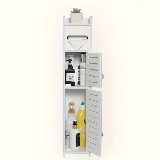 Slim White Wooden Bathroom Storage Cabinet with 2 Doors & Shelves