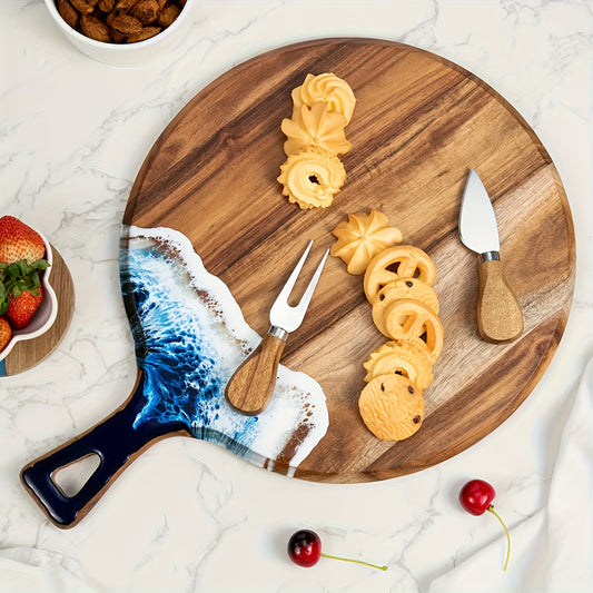 Acacia Wood Serving Platter with Handle - 15.7x11.8 Inch Round Paddle Cutting Board for Meat, Bread, Pizza - Ideal for Family Dining, Father'S Day, Valentine'S Day, Birthday Gifts, Kitchen Utensil|Elegant Serving Board|Acacia Wood Board