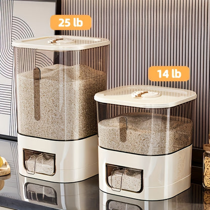 14/25lb Automatic Rice Dispenser with Cup, Large Capacity, Moisture-Proof And Sealed Rice Storage Container, Suitable for Rice, Grains, Flour, Pet Food, And Other Kitchen Supplies