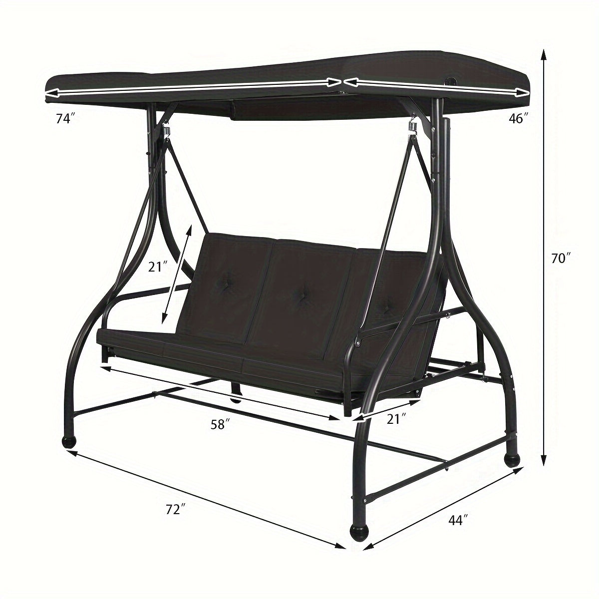 [3 People Steel Hammock] 1pc 3 People Steel Frame Convertible Outdoor Swing Canopy Hammock | Black, Cushioned Seat, 74x44x70 Inches, Patio Deck And Garden Furniture