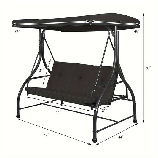 [3 People Steel Hammock] 1pc 3 People Steel Frame Convertible Outdoor Swing Canopy Hammock | Black, Cushioned Seat, 74x44x70 Inches, Patio Deck And Garden Furniture