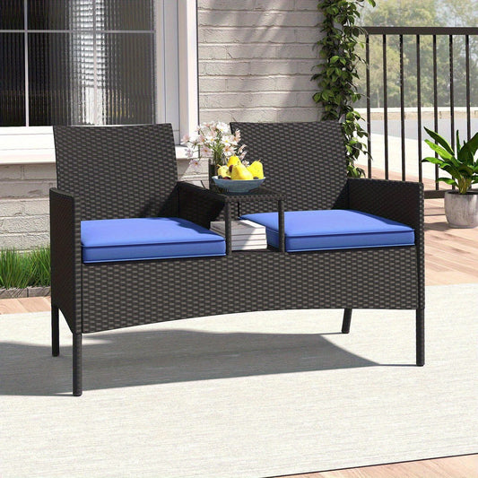 2-Seat Patio Loveseat with Built-in Table, Wicker Design, Soft Cushions & Tempered Glass Top, Metal Frame Outdoor Bench for Backyard, Porch - Modern Mixed Colors, Patio Furniture, Outdoor Seating, Natural Texture, Durable Material, Patio Seating