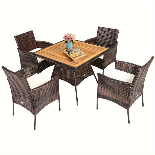5pcs Patio Dining Set with Acacia Wood Table and PE Rattan Arm Chairs, Mixed Brown & Off White, Patio Dining Table Set, Wooden Table Top